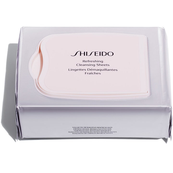 Shiseido Refreshing Cleansing Sheets oppfriskende renseservietter i sølvfarget pakning med rosa lokk