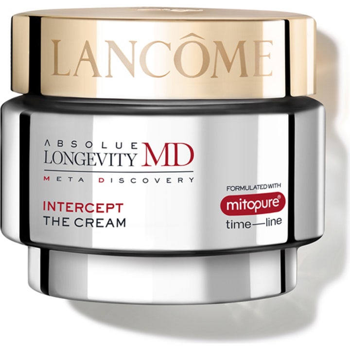 Lancôme Absolue Longevity MD Intercept The Cream ansiktskrem med mitopure i en sølvfarget krukke med gullokk