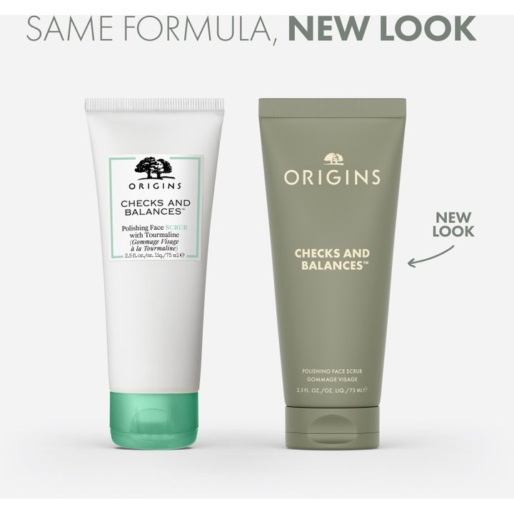 Origins Checks and Balances Polishing Face Scrub 75 ml ansiktsskrubb sammenligner gammel hvit og ny olivengrønn tube