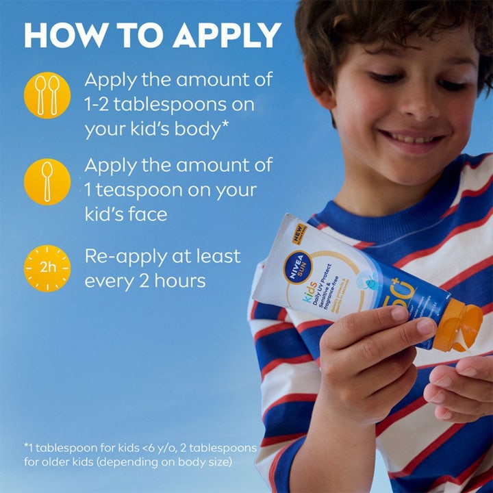 NIVEA Kids Daily UV Protect 100 ml solkrem gir beskyttelse med infografikk som viser riktig påføring.