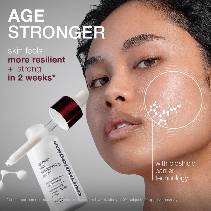 Dermalogica Dynamic Skin Strengthening Serum 30 ml styrker hudbarrieren vist på kvinne i livsstilsmiljø