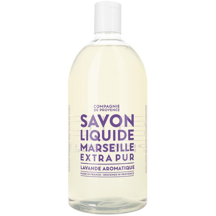 Compagnie de Provence Savon Liquide Marseille Lavande 1000 ml flytende såpe i klar plastflaske med lilla skrift.
