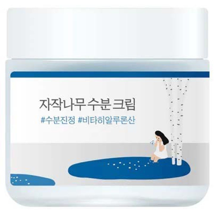 Round Lab Birch Juice Moisturizing Cream 80 ml fuktighetskrem i hvit krukke med illustrasjon av bjørketrær.