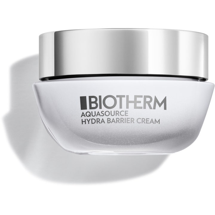 Biotherm Aquasource Hydra Barrier Cream 50ml fuktighetskrem som styrker huden i hvit glasskrukke med sølvlokk.