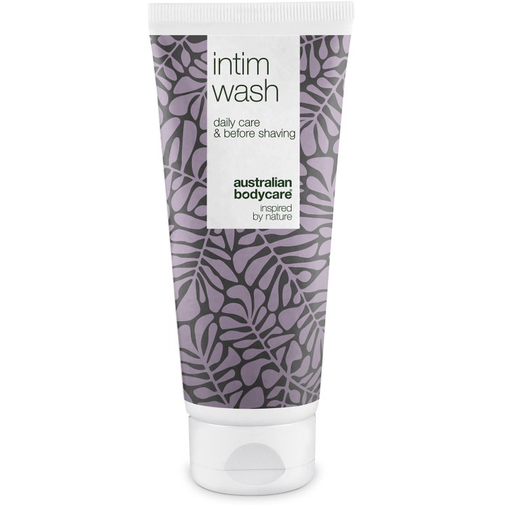 Australian Bodycare Intim Wash 200ml pleiende intimsåpe for daglig vask i hvit tube med lilla bladmønster
