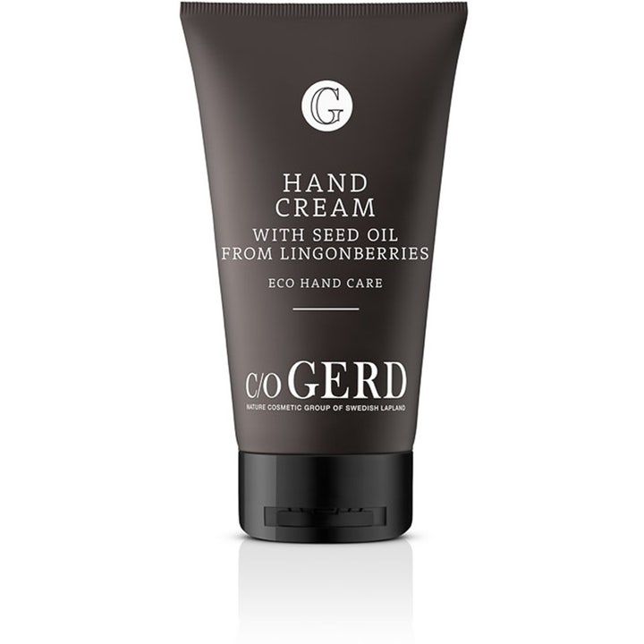 C/O GERD Hand Cream with Seed Oil from Lingonberries pleiende håndkrem i mørk gråbrun tube med hvit skrift