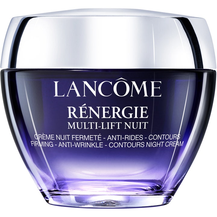 Lancôme Rénergie Multi-Lift Nuit oppstrammende nattkrem mot rynker i en mørk lilla glasskrukke med sølvlokk.