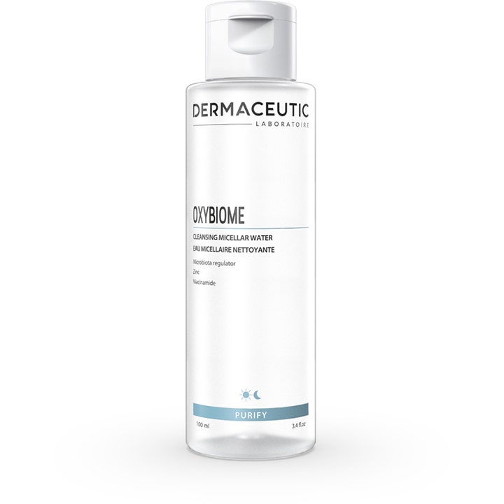 Dermaceutic Oxybiome 100 ml rensende micellar water med sink og niacinamid i en klar plastflaske med hvit kork.