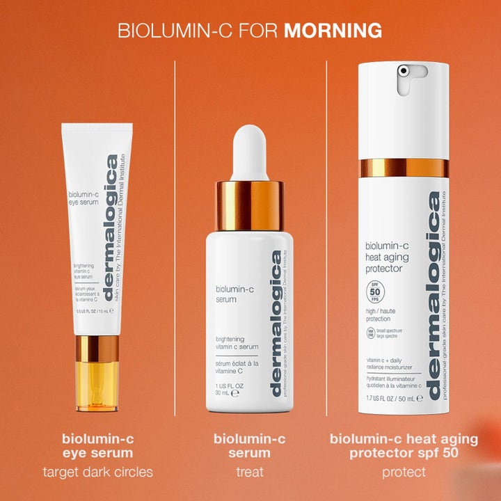 Dermalogica Biolumin-C SPF50 Duo hudpleiesett med vitamin C serum og solbeskyttelse i hvite flasker med gull.