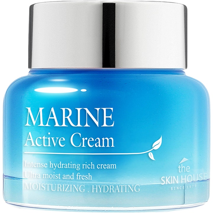 The Skin House Marine Active Cream 50 ml fuktighetskrem i blå glasskrukke med sølvlokk gir intens fuktighet.