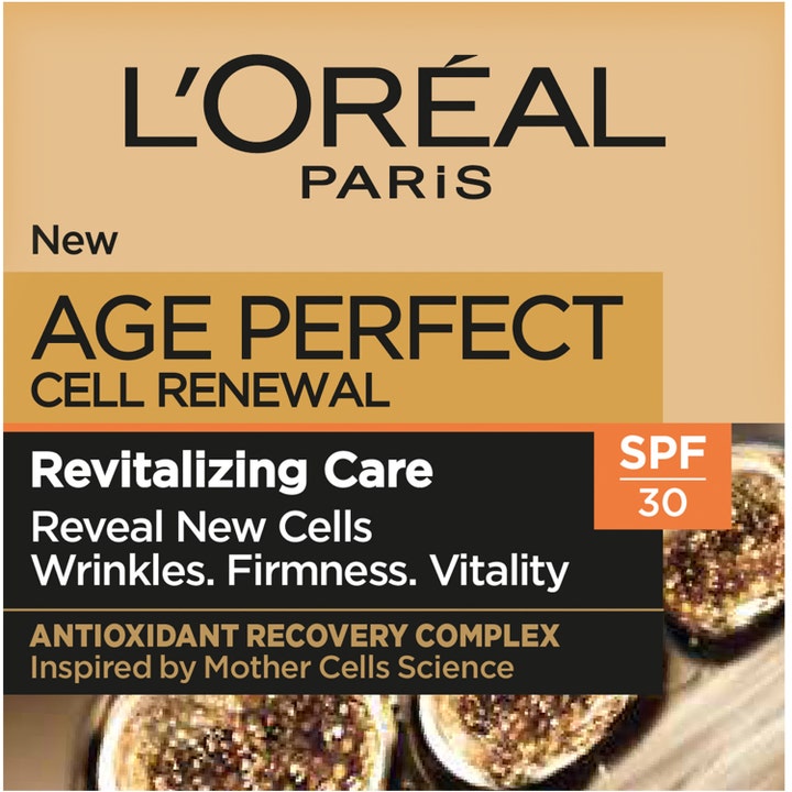 L'Oréal Paris Age Perfect Cell Renewal 50 ml revitaliserende dagkrem med SPF 30 gir fasthet på gullfarget emballasje.