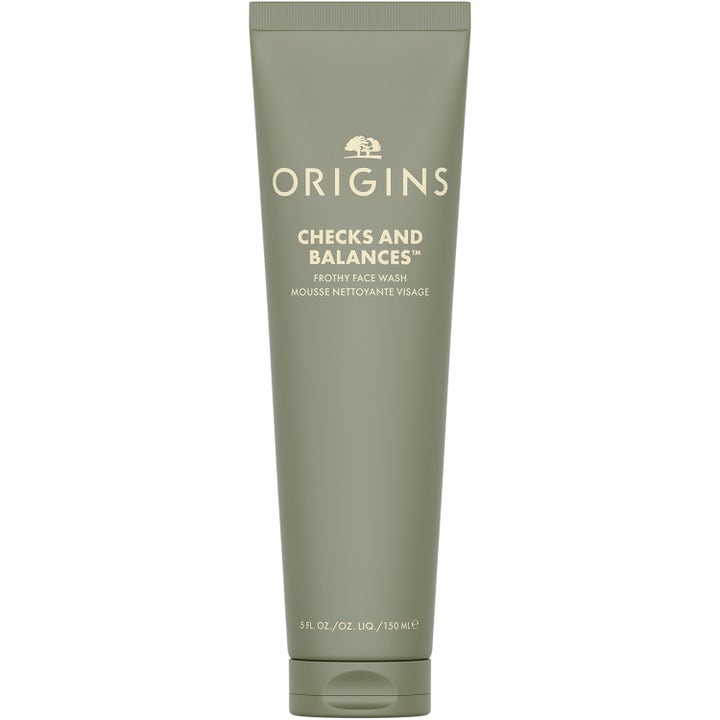 Origins Checks and Balances 150 ml ansiktsrens balanserer huden i en matt olivengrønn tube