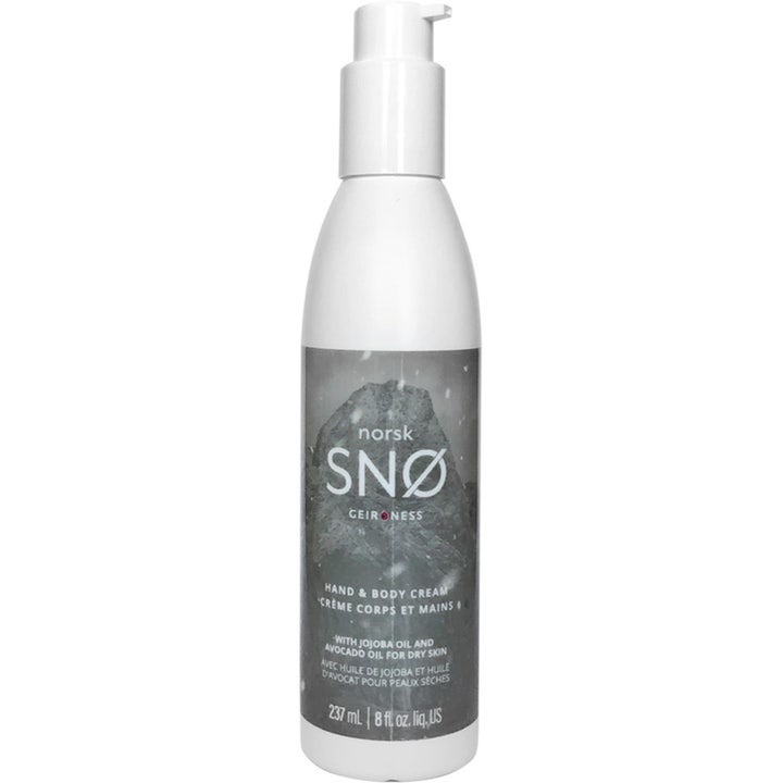 Geir Ness Norsk Snø Hand & Body Cream 237 ml fuktighetsgivende krem i hvit pumpeflaske med grått fjellmotiv.