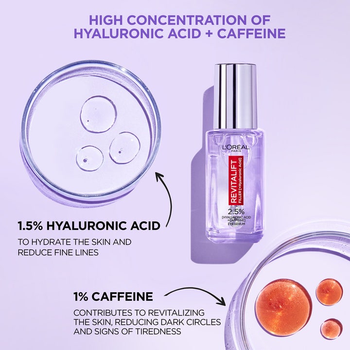 L'Oréal Paris Filler Eye Serum 20 ml mot mørke ringer med hyaluronsyre og koffein i lilla glassflaske