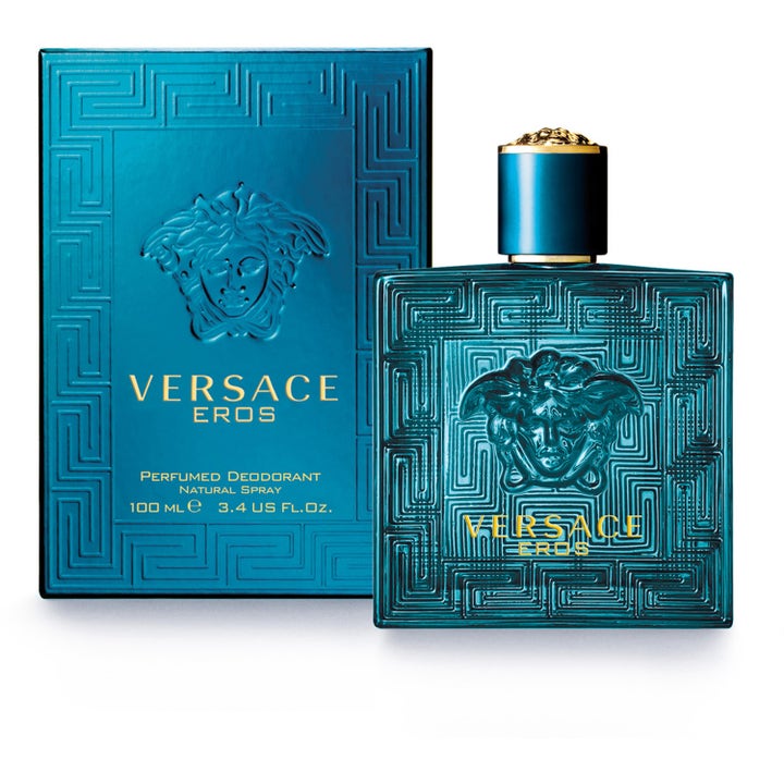 Versace Eros Pour Homme Deo Spray 100 ml herredeodorant i turkis eske og glassflaske med Medusa-hode.