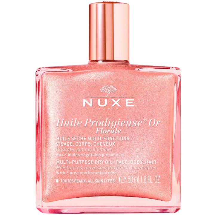 Nuxe Huile Prodigieuse Or Florale 50 ml glødgivende tørrolje i firkantet glassflaske med skimrende rosa innhold og kork