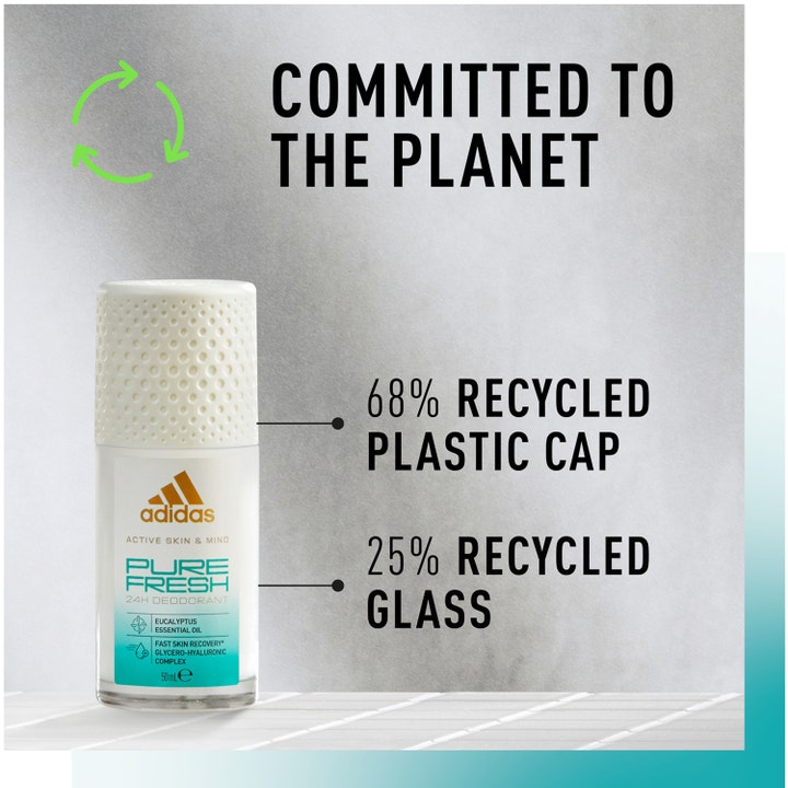 Adidas Skin & Mind Pure Fresh Roll-On 50 ml deodorant i glassflaske med resirkulert plastkork