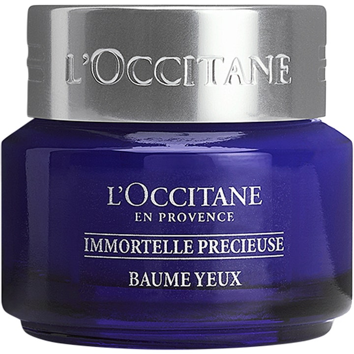 L'Occitane Immortelle Precieuse Baume Yeux oppstrammende øyebalsam i en dyp blå glasskrukke med sølvfarget lokk