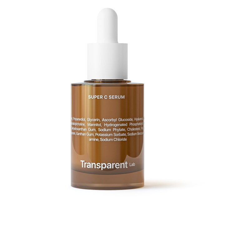Transparent Lab Super C Serum 30 ml glødgivende ansiktsserum i en brun glassflaske med hvit pipette og hvit tekst