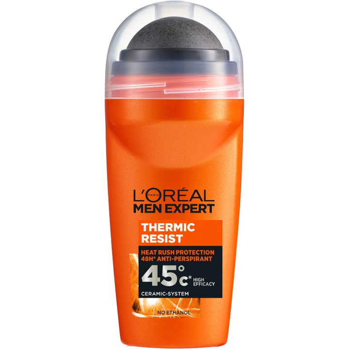 L'Oréal Men Expert Thermic Resist 50 ml antiperspirant gir varmebeskyttelse i oransje flaske med stor sort kule.