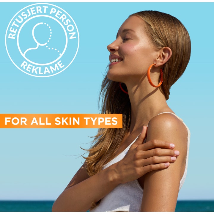 Garnier Ambre Solaire Hydra 24H Protect 175 ml fuktighetsgivende solkrem på kvinne i solen med For all skin types