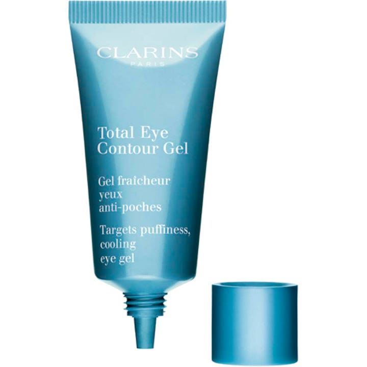 Clarins Total Eye Gel 20 ml kjølende øyekrem mot hovenhet i blå tube med separat lokk