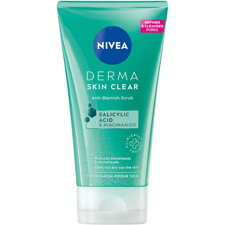 NIVEA Derma Skin Clear Anti-Blemish Scrub 150 ml ansiktsskrubb renser porer i grønn tube med salisylsyre og niacinamid