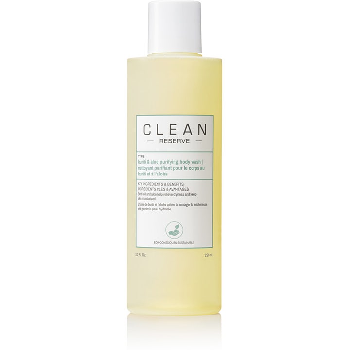Clean Reserve Buriti & Aloe Purifying Body Wash 296 ml fuktighetsgivende kroppsvask i klar flaske med lysegul væske.