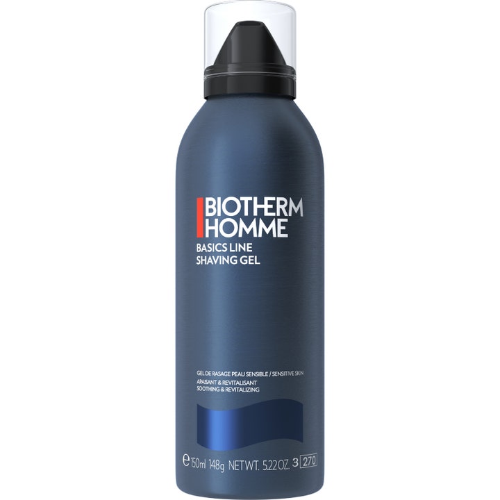 Biotherm Homme Basics Line Shaving Gel 150 ml beroligende barbergel i mørkeblå metallflaske med sort pumpehode