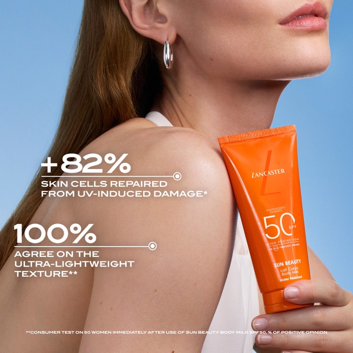 Lancaster Sun Beauty Body Milk 100 ml solbeskyttelse SPF 50 i oransje tube holdt mot glødende hud på en skulder.
