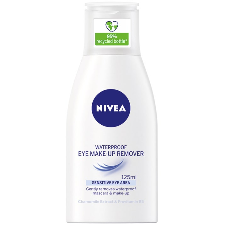 Nivea Waterproof Eye Make-Up Remover 125 ml fjerner sminke skånsomt i en hvit plastflaske med blå detaljer