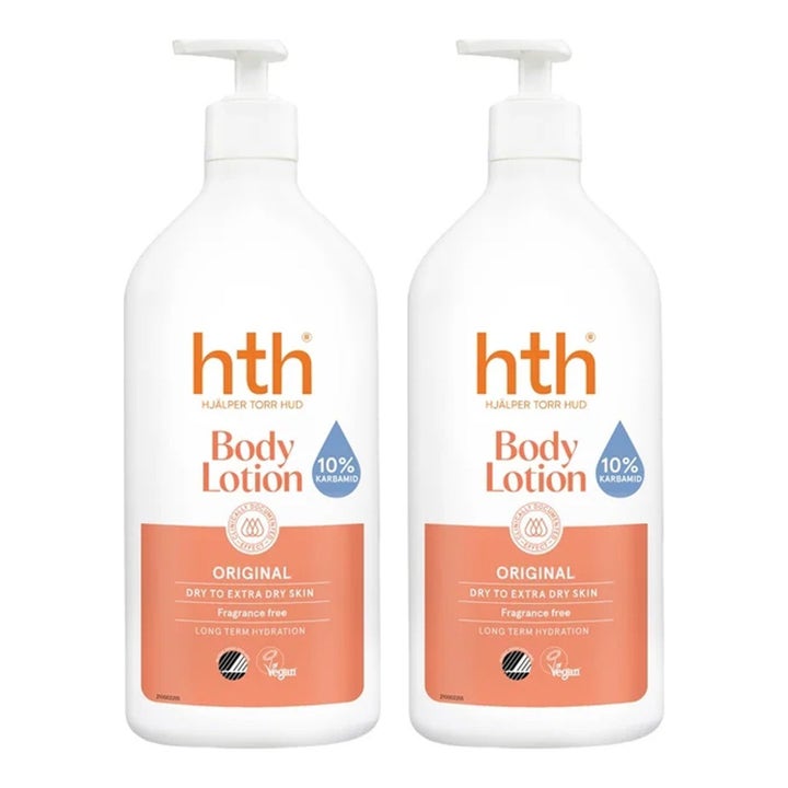 HTH Body Lotion Original duo parfymefri fuktighetsgivende kroppskrem for tørr hud i to hvite pumpeflasker