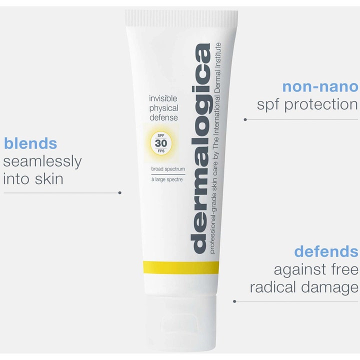 Dermalogica Invisible Physical Defense 50 ml solkrem i hvit tube med gul stripe og tekst om non-nano SPF 30 beskyttelse.