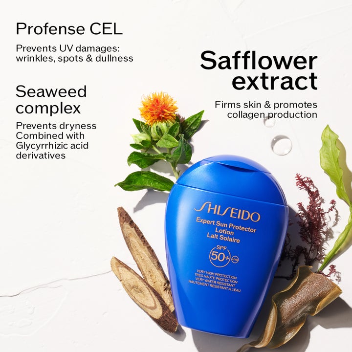 Shiseido Expert Sun Protector Lotion SPF 50+ blå flaske med saflor og tang som gir fasthet og UV-beskyttelse
