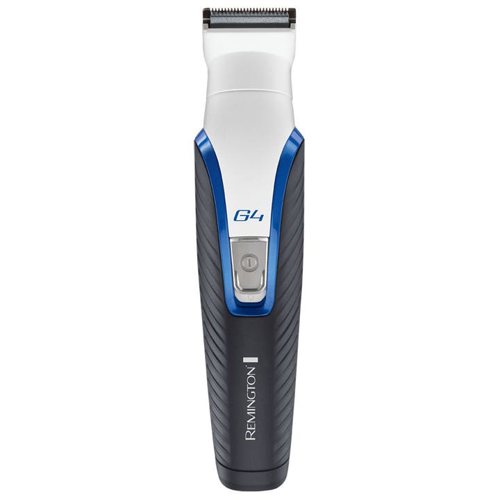 Remington G4 Graphite Series multitrimmer gir nøyaktig styling med rillet grått grep og blå detaljer på hvit kropp.