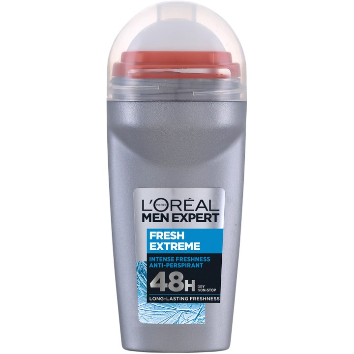 L'Oréal Men Expert Fresh Extreme roll-on deodorant gir 48t friskhet i grå plasthylse med oransje detaljer og stor kule.