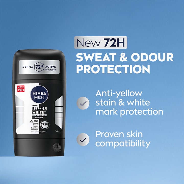 NIVEA Black & White Anti-Perspirant Stick 50 ml deostick mot svette og flekker i svart hylse med 72H-beskyttelse