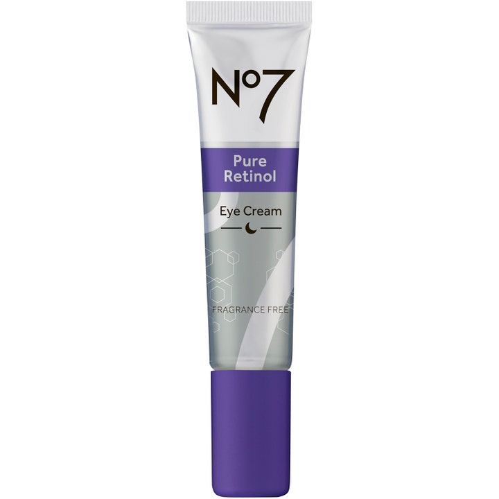 No7 Pure Retinol Eye Cream 15ml fornyende øyekrem i hvit og sølvfarget tube med lilla kork og detaljer