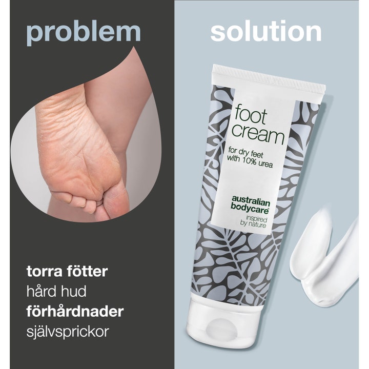 Australian Bodycare Foot Cream 100 ml mot tørre føtter og hard hud med 10% urea vist med hvit kremtekstur.