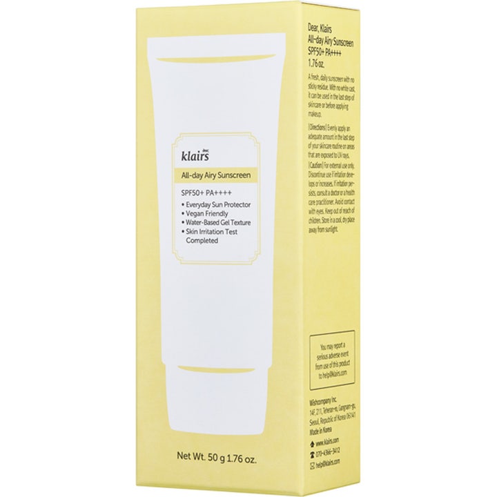 Klairs All-day Airy Sunscreen 50 ml solkrem for ansiktet i gul eske med SPF50 og vannbasert gel-tekstur