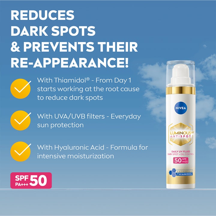 NIVEA Luminous630 Anti Dark-Spot Day Fluid 40 ml solkrem for ansiktet med SPF 50 i hvit pumpeflaske med gulldetaljer.