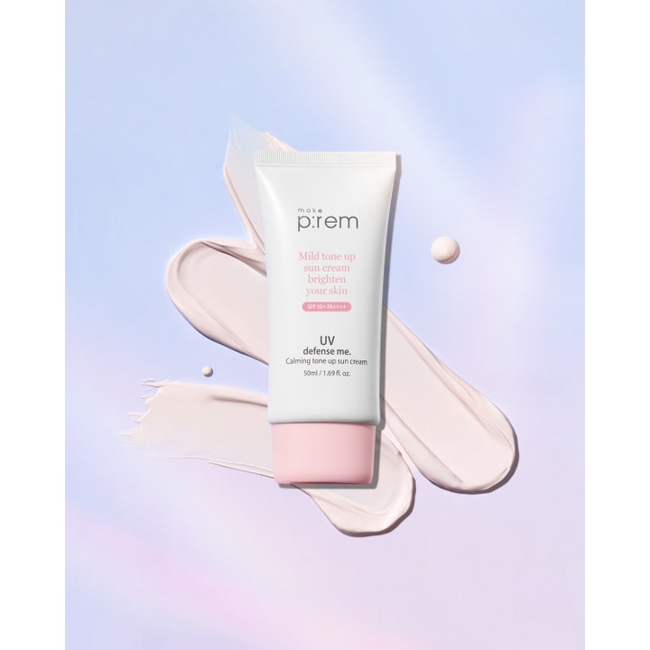 Make Prem UV Defense Me Calming Tone Up Sun Screen 50 ml beroligende solkrem i hvit tube med lyserosa kremstrøk.