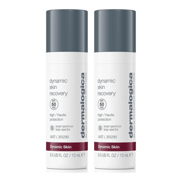 Dermalogica Dynamic Skin Recovery 15 ml fuktighetskrem med SPF 50 i to hvite flasker med grå korker og rød detalj