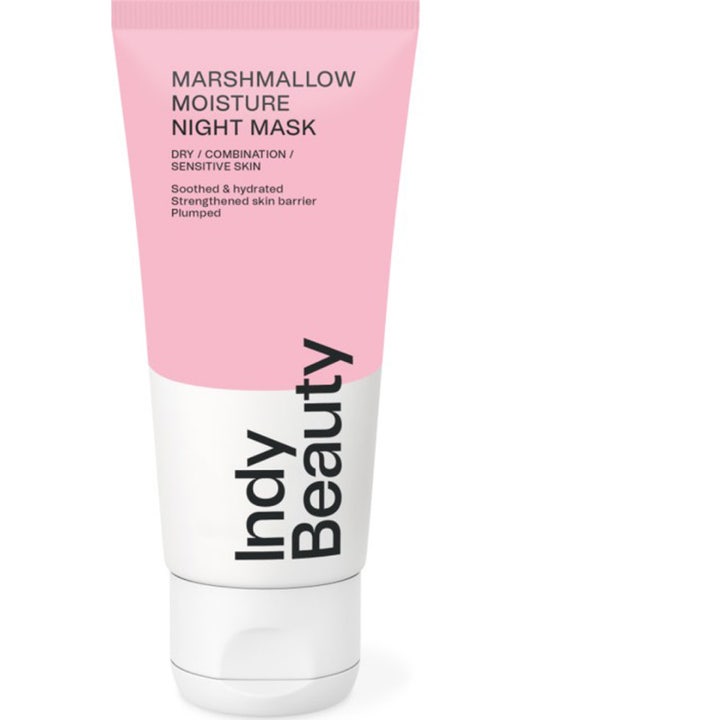 Indy Beauty Marshmallow Moisture Night Mask fuktighetsgivende nattmaske i rosa og hvit tube som styrker huden
