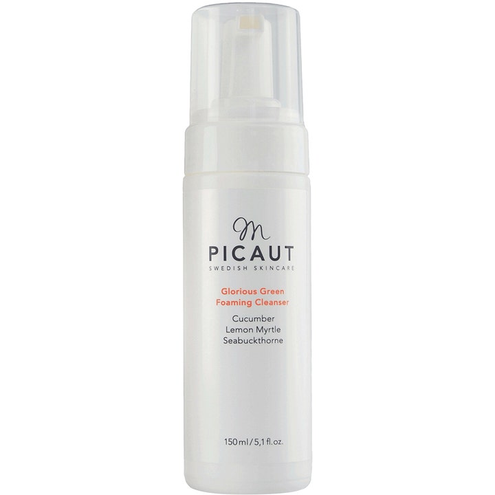 M. Picaut Glorious Green Foaming Cleanser 150 ml rensende ansiktsskum med agurk i hvit pumpeflaske med klart lokk