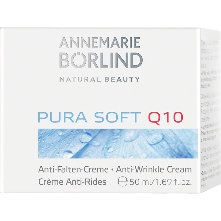 Annemarie Börlind Pura Soft Q10 50 ml anti-rynkekrem i hvit eske med blått grafisk motiv av vanndråper