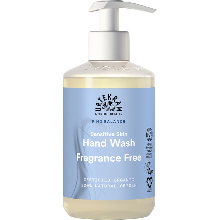 Urtekram Find Balance Hand Wash Fragrance Free 300 ml parfymefri håndsåpe som gir mild pleie i klar flaske med hvit pumpe