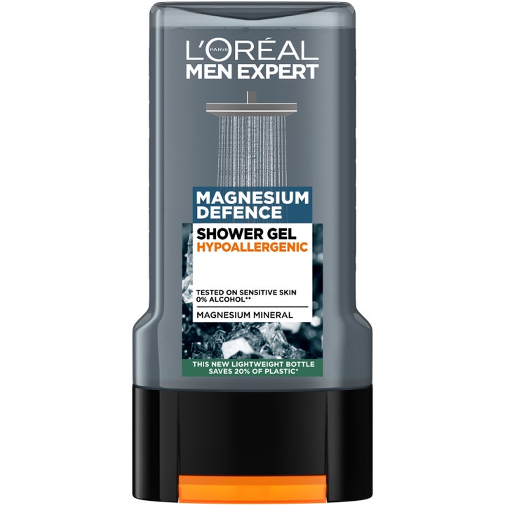 L'Oréal Men Expert Magnesium Defence Shower Gel beroligende dusjsåpe i grå transparent flaske med mineraldekor.