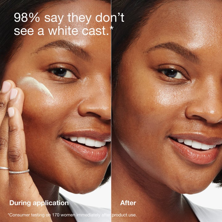 Clinique Dramatically Different SPF 50 50 ml ansiktskrem viser før og etter påføring uten hvite merker.