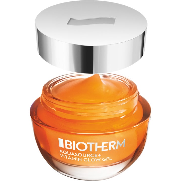 Biotherm Aquasource Vitamin Glow 50 ml fuktighetsgivende ansiktskrem i oransje glasskrukke med sølvlokk som gir glød